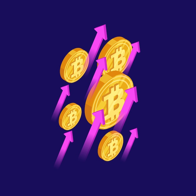 Golden bitcoins and arrows isometric illustration Premium Vector