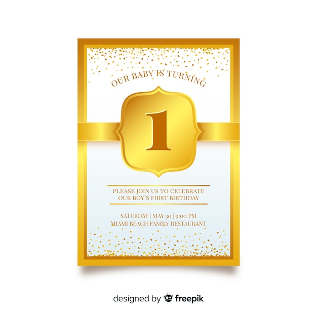 Download Free Vector | Golden confetti first birthday card template