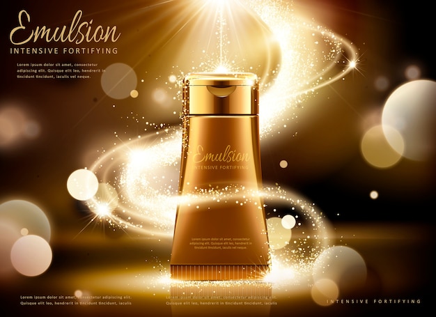 Golden cosmetic tube ads, bronze tube with glittering light and bokeh background in  illustration Pr