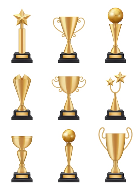 現実的なゴールデンカップ 分離されたトロフィーメダルイラストを受賞3 Dスポーツ競争 プレミアムベクター