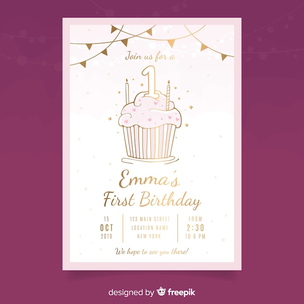 Download Golden cupcake first birthday card template Vector | Free ...