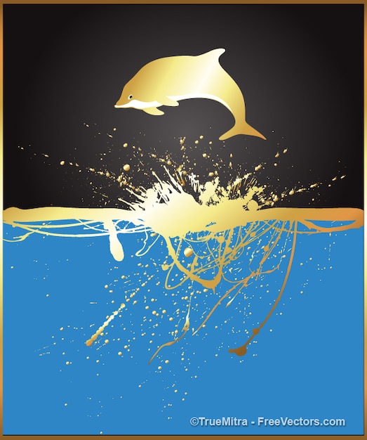 無料のベクター 水しぶきの背景と金色のイルカのジャンプ