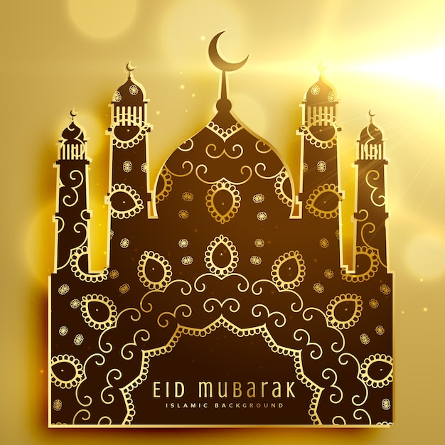 Golden eid mubarak card with mosque