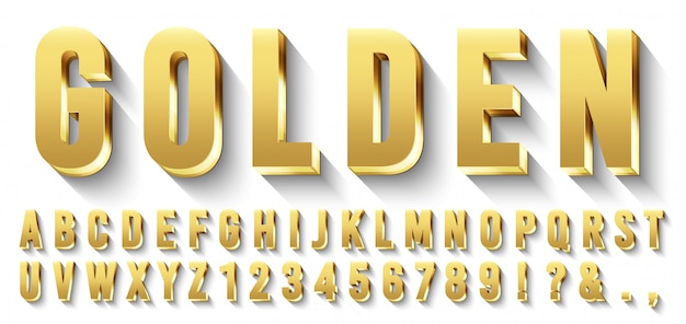 Golden  font. metallic gold letters, luxury typeface and golds alphabet with shadows  set Premium Ve