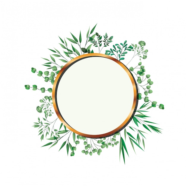 Golden frame circle with foliage isolated | Premium Vector