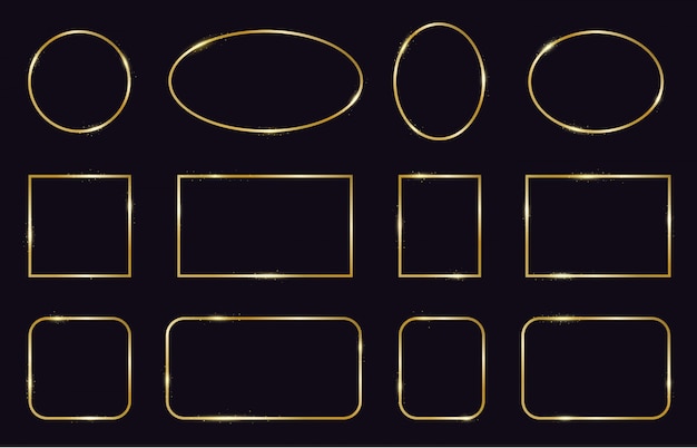 ゴールデンフレーム モダンなゴールドの幾何学的なフレーム エレガントなゴールドの輝く枠 装飾的なモダンなラインフレーム のアイコンを設定します 正方形と楕円形 結婚式テンプレートフレームイラスト プレミアムベクター