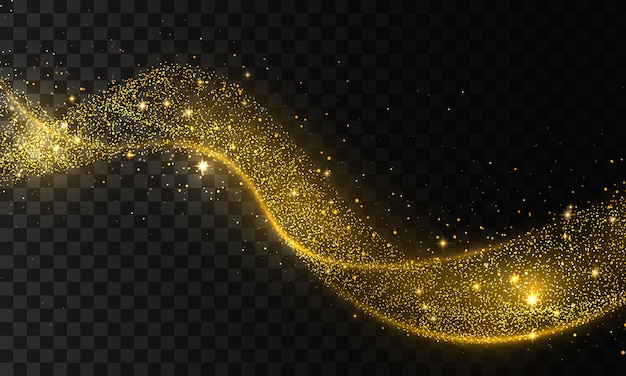 彗星トレースの黄金の輝き波 透明な背景にスターダストトレイル輝く粒子 金の紙吹雪きらびやかな波 光の効果 プレミアムベクター