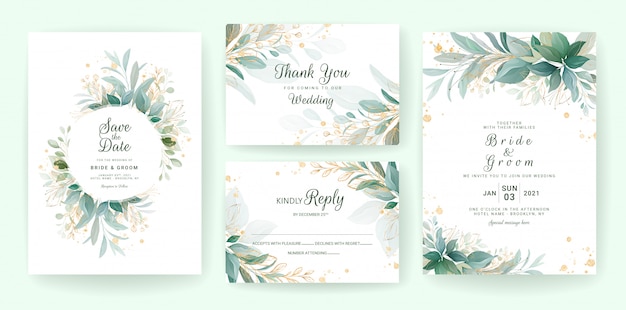 Golden greenery wedding invitation template set with leaves, glitter, frame, and border. Premium Vector