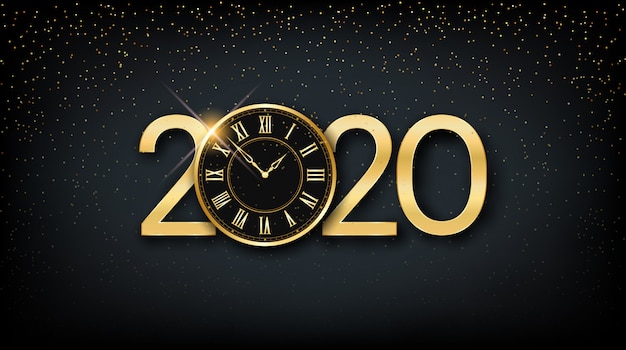Premium Vector Golden happy new year 2020 and clock with