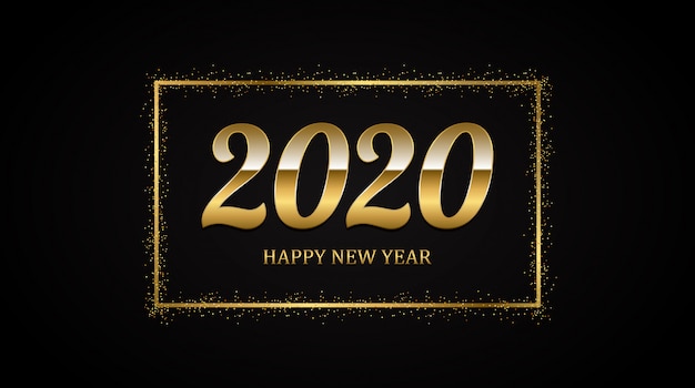 Golden Happy New Year 2020 In Square Label With Burst Glitter On Black 6293