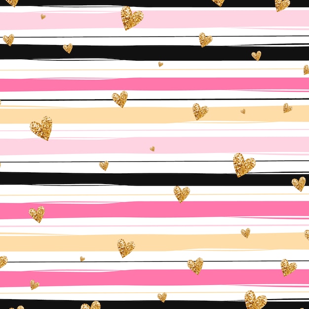 Golden hearts and pink stripes background Free Vector