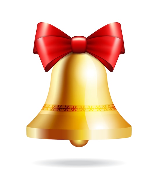 Golden jingle bell with red bow on white. illustration for christmas, new year, decoration ...