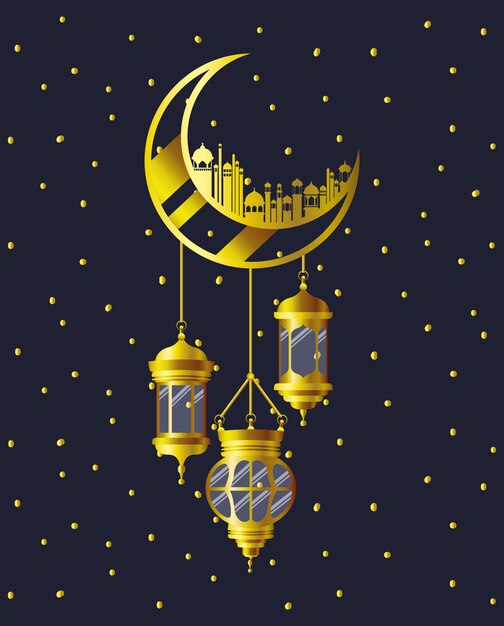 Golden moon with mosque buildings and lamps hanging Premium Vector