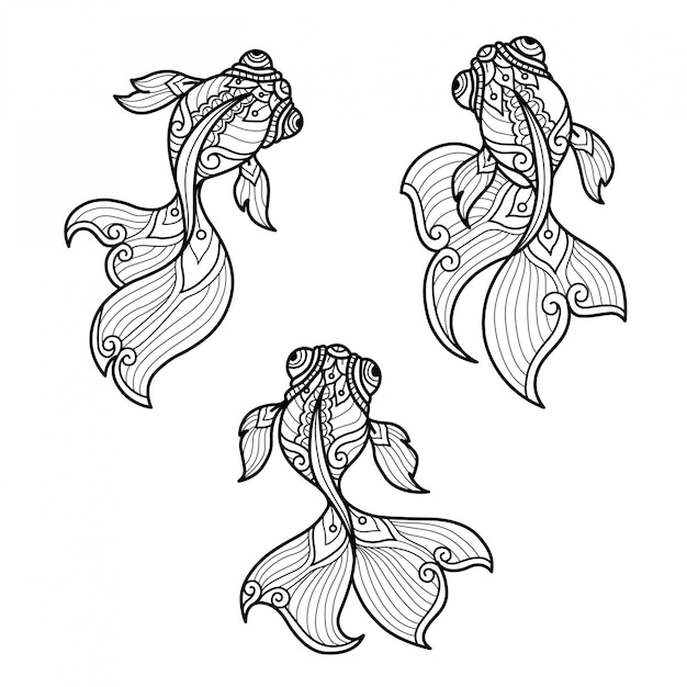金魚のパターン 大人の塗り絵の手描きのスケッチ図 プレミアムベクター