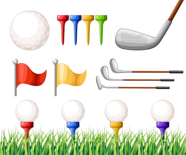 異なる色のティーのゴルフボールと様々なゴルフクラブ緑の草ゴルフコースイラスト白い背景のwebサイトページとモバイルアプリ プレミアムベクター