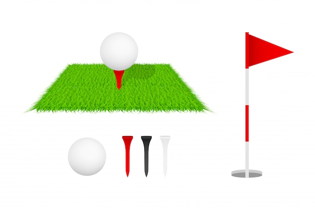 ゴルフクラブ ゴルフ旗 ゴルフボール 緑色のガラス ゴルフのアイコンを設定します ベクトルイラスト プレミアムベクター