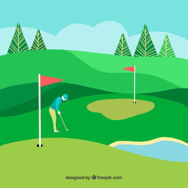 Golf course background in hand drawn\
style