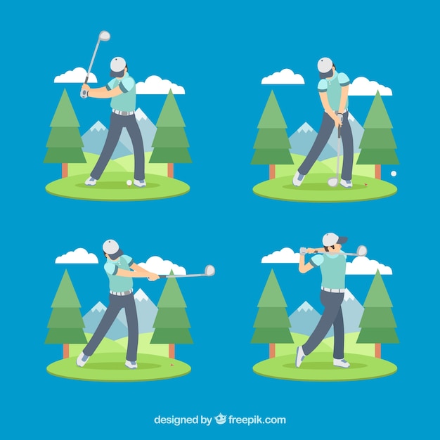 Golf swings collection with man in flat
style