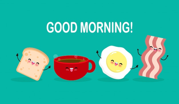 プレミアムベクター おはようかわいい漫画幸せなコーヒーカップ 卵 トースト ベーコン 朝食面白い文字分離フラットイラスト