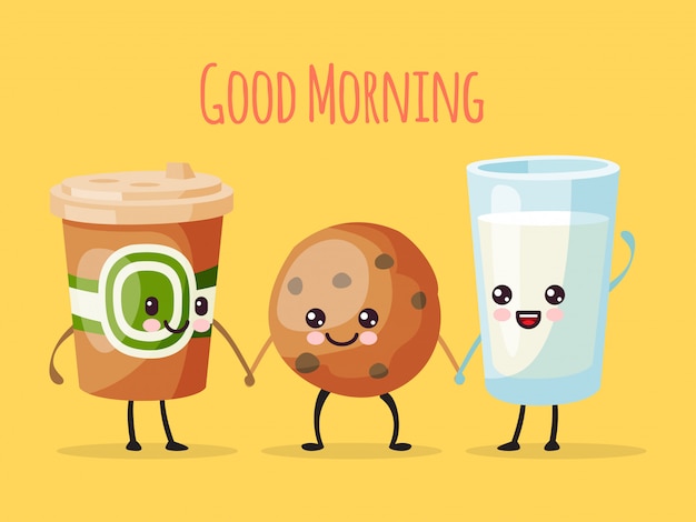 おはよう面白い漫画のキャラクター 紅茶のコーヒー 甘いクッキービスケット ミルクガラスのイラスト 描かれた陽気な人 プレミアムベクター