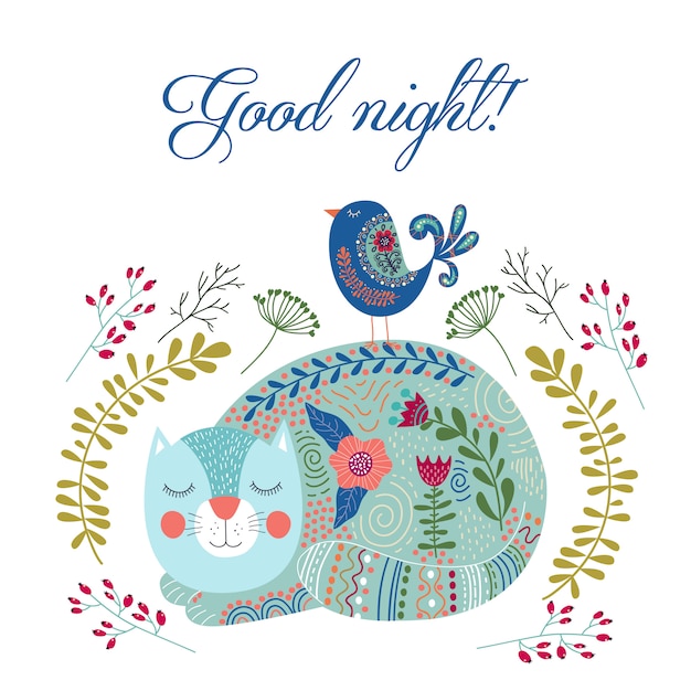 おやすみなさい アートベクトルかわいい猫 鳥 花とカラフルなイラスト プレミアムベクター