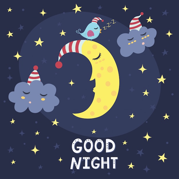 かわいい眠っている月 雲と鳥のおやすみカード ベクトルイラスト プレミアムベクター