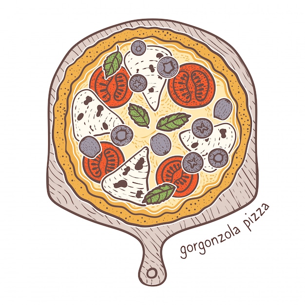 ゴルゴンゾーラピザ スケッチ図 プレミアムベクター