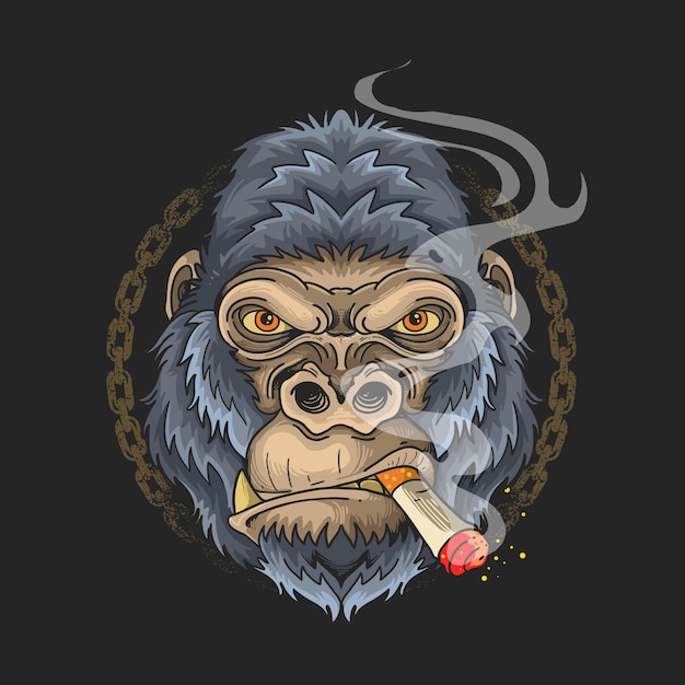 黒の背景にタバコの漫画イラストデザインを吸うゴリラの顔 プレミアムベクター