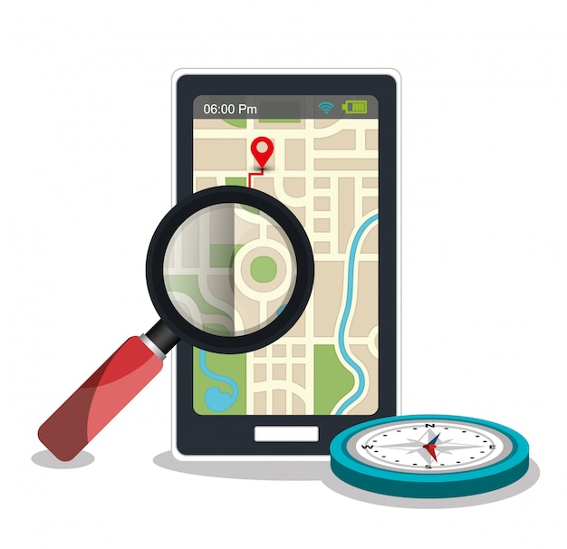 Gps app with compass and magnifying glass Free Vector