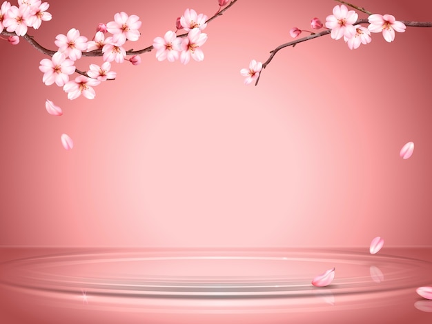 優雅な桜の背景 桜の枝 イラスト ロマンチックな壁紙の水面に散る花びら プレミアムベクター