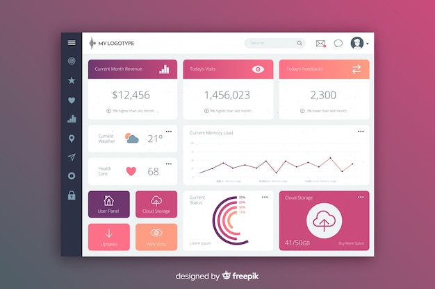 Gradient elements collection dashboard template Free Vector