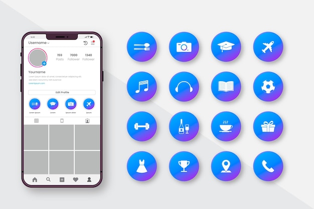 グラデーションインスタグラムハイライトセット 無料のベクター