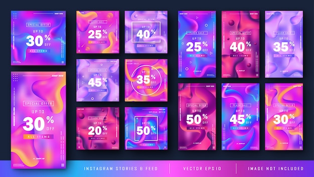Gradient instagram kit template with liquid style Premium Vector