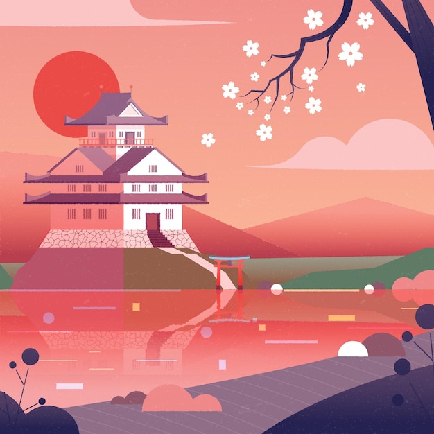 Gradient japanese temple with white flowers | Free Vector