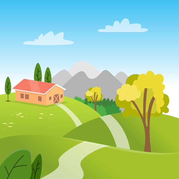 Premium Vector | Gradient spring landscape village with a cottage