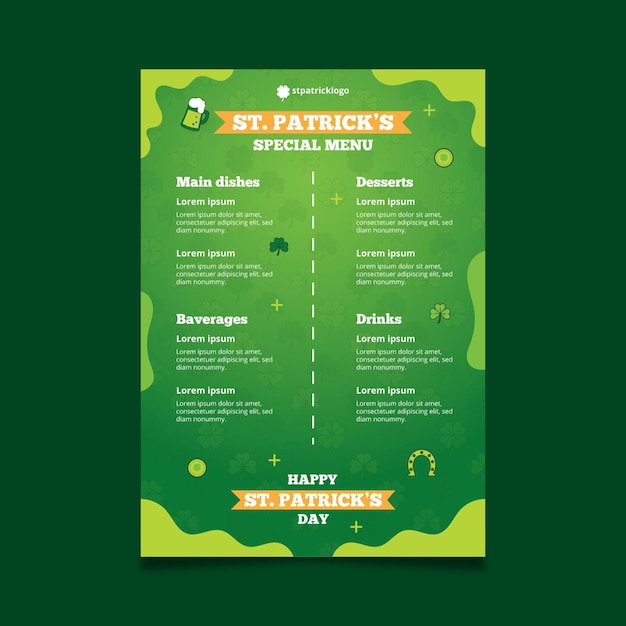 Free Vector Gradient st. patrick's day menu template