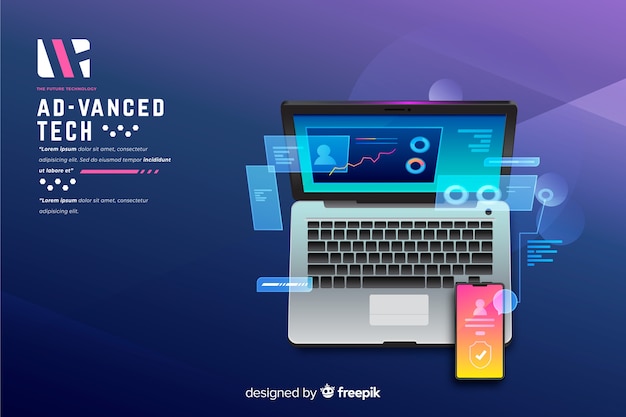 Gradient top view laptop background Free Vector