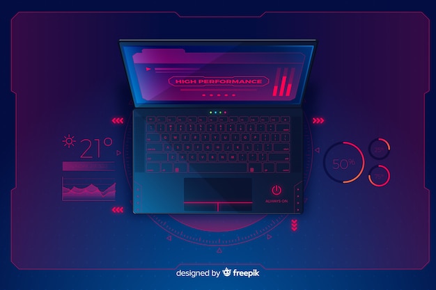 Gradient top view laptop technology background Free Vector