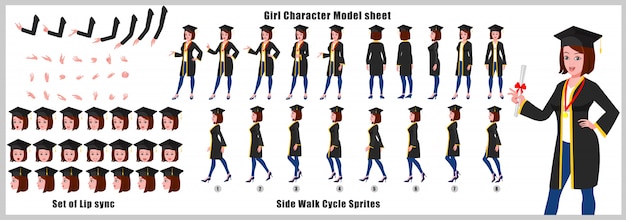 Graduate girl character model sheet with walk cycle animations and lip syncing Premium Vector