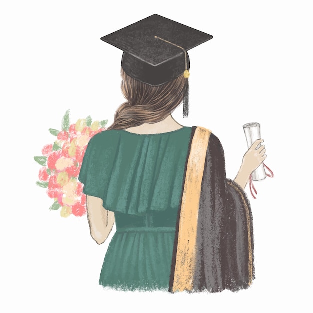 Premium Vector Graduated Girl With Certificate Back View Hand Drawn