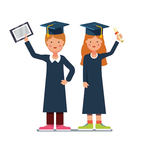 Graduated students boy and girl with diploma Free Vector