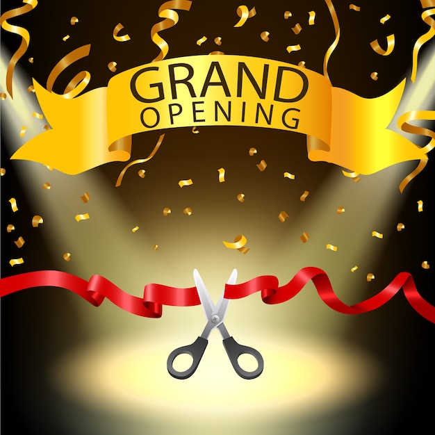 Grand opening background with spotlight and gold confetti Vector ...