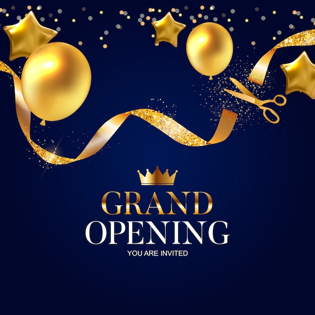 Premium Vector | Grand opening card with golden ribbon and scissors