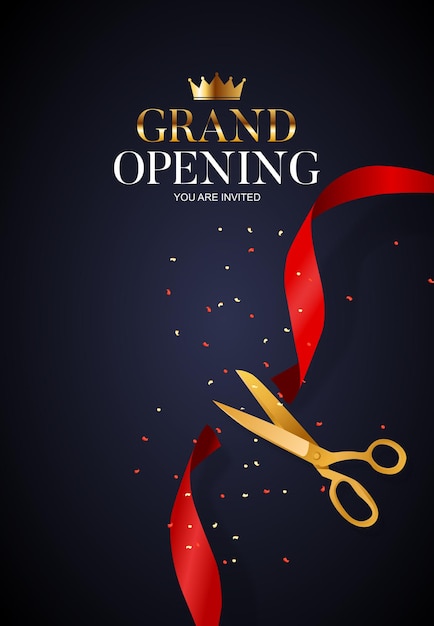 Premium Vector | Grand opening card with ribbon and scissors
