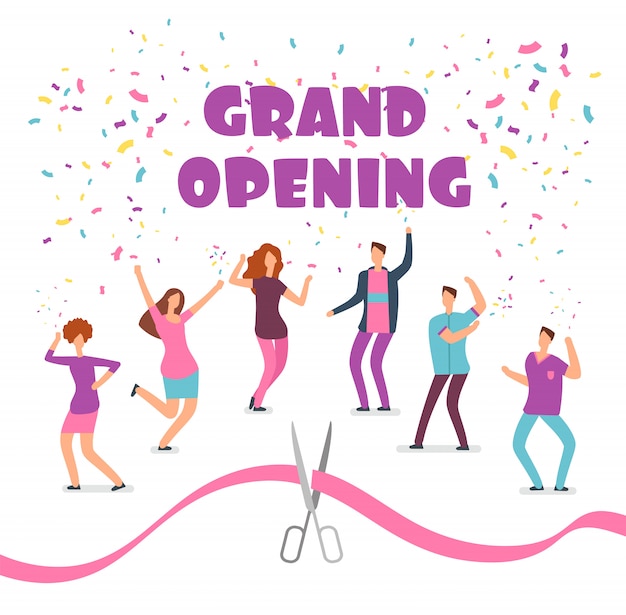 Grand opening concept with happy dancing people at party and red ribbon with scissors cartoon Premium Vector