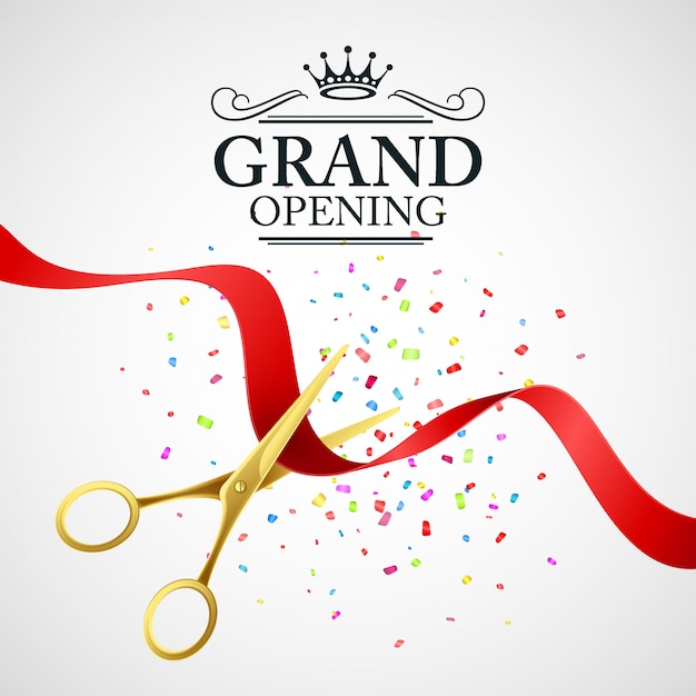 Grand opening illustration with red ribbon and gold scissors Premium