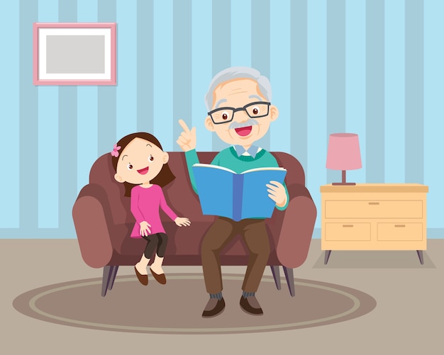 Premium Vector | Grandfather sitting with grandchildren on sofa with ...