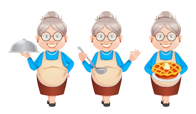 おばあちゃんの漫画のキャラクターが食べ物を準備しています プレミアムベクター