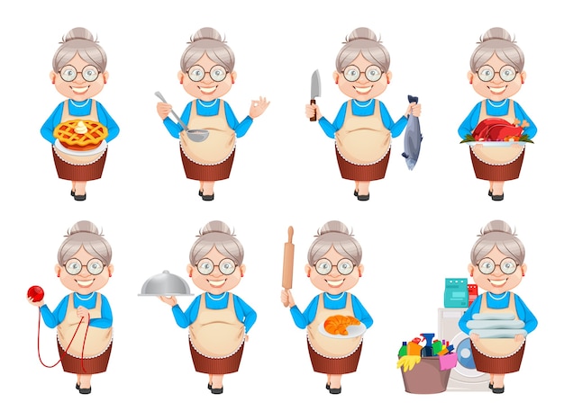 おばあちゃんの漫画のキャラクター 8つのポーズのセット プレミアムベクター