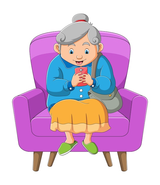 Premium Vector | The grandmother is playing the hand phone of illustration